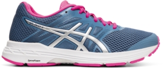 asics running gel exalt trainers in grey and pink