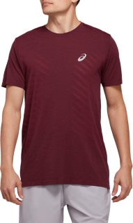 Front Top view of SEAMLESS SS TOP, DEEP MARS HEATHER/CHILI FLAKE