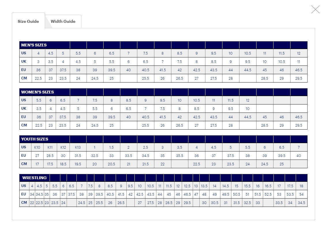 Asics running shop size guide